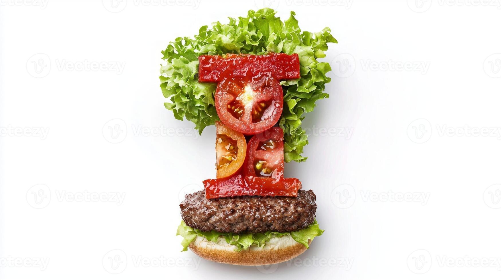 artistic arrangement showcases letter I crafted from layers of fresh lettuce juicy tomatoes and hearty hamburger patty on a seamless white surface celebrating culinary creativity. photo