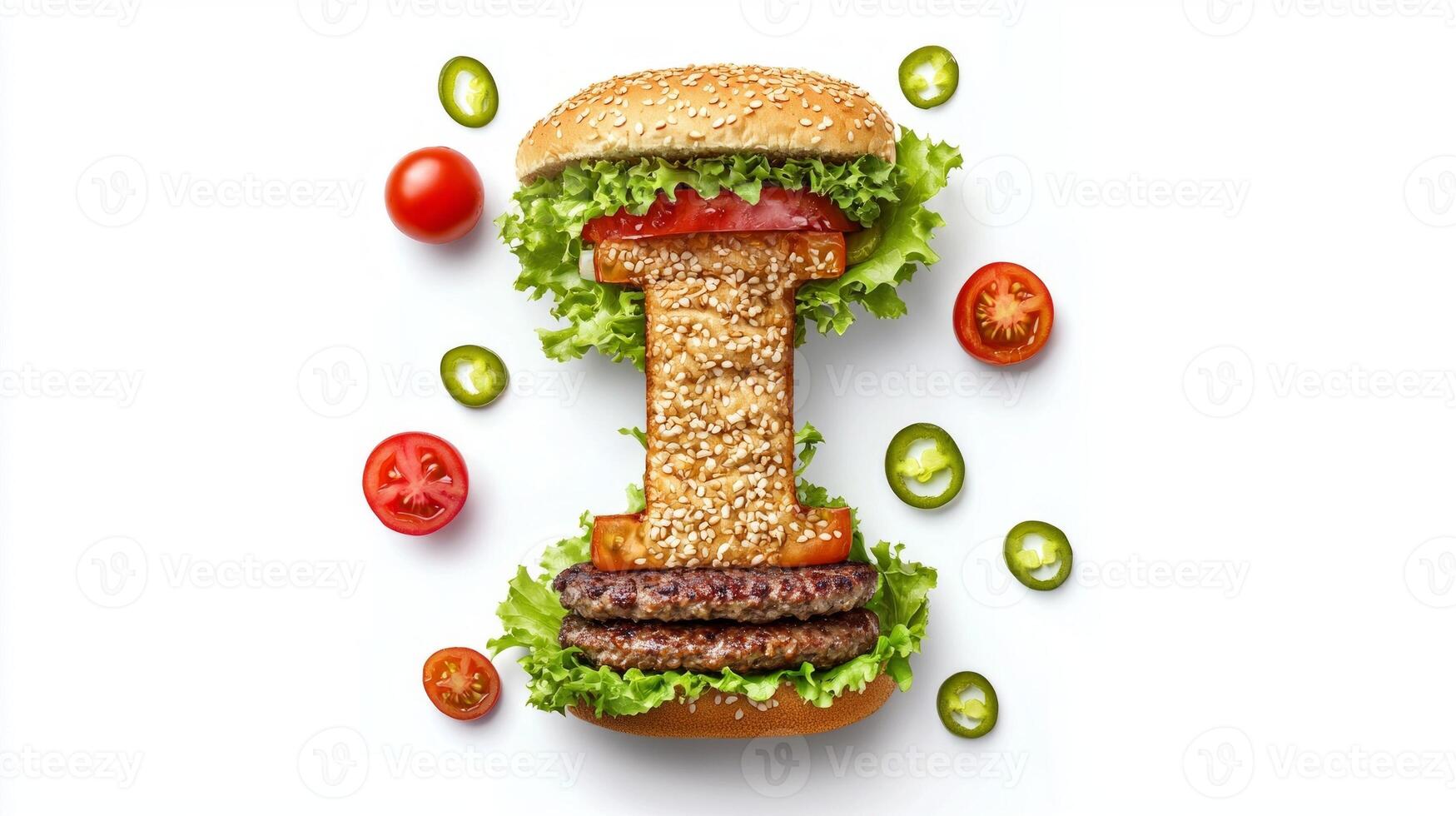 unique culinary creation showcases the letter I formed from burger components highlighting fresh lettuce tomatoes and flavorful patties set against a pristine background. photo
