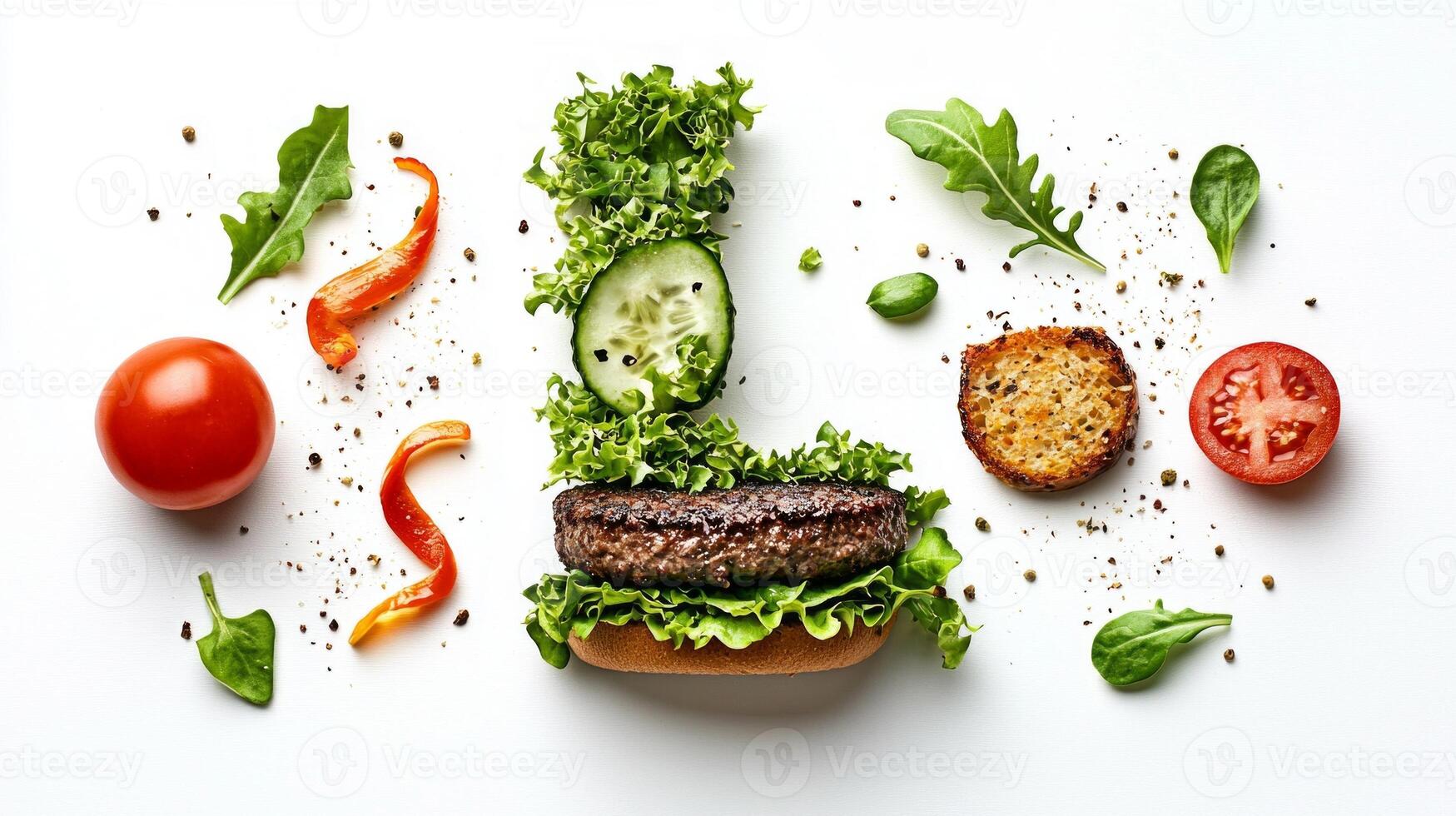 letter L is artfully composed using savory hamburger components showcasing vibrant vegetables and textures. This culinary creation highlights the beauty of edible design. photo