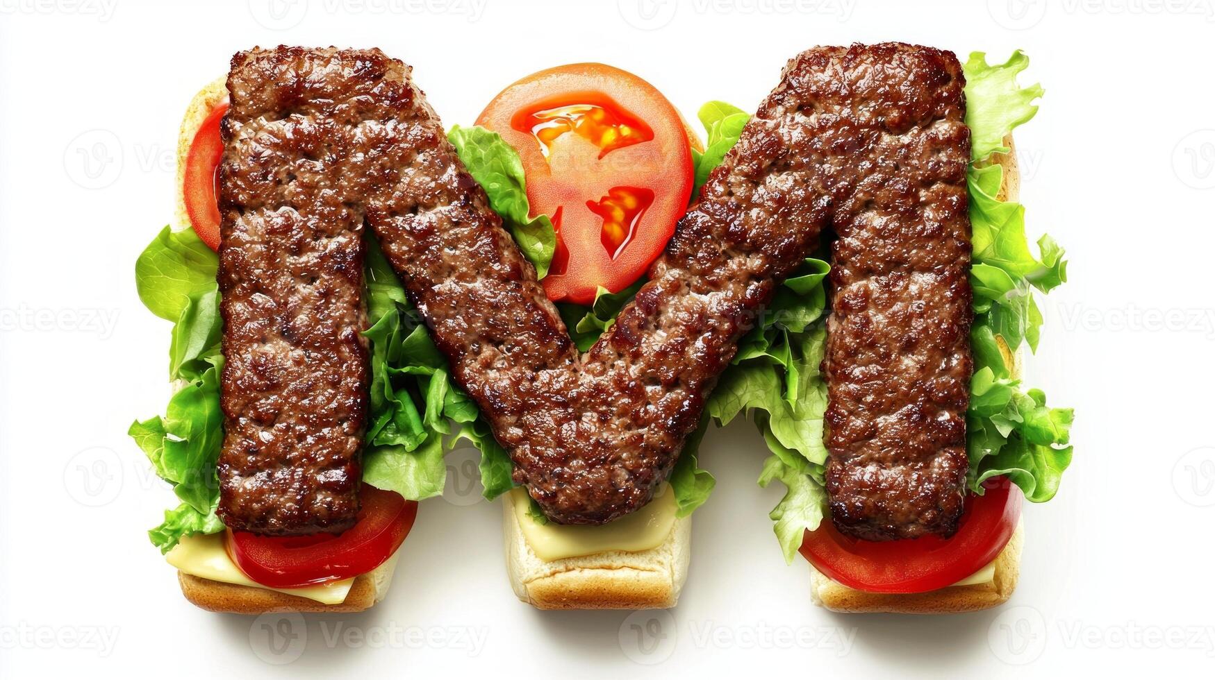 letter M formed from juicy hamburger patties surrounded by crisp lettuce and ripe tomatoes all set against a clean white backdrop. photo