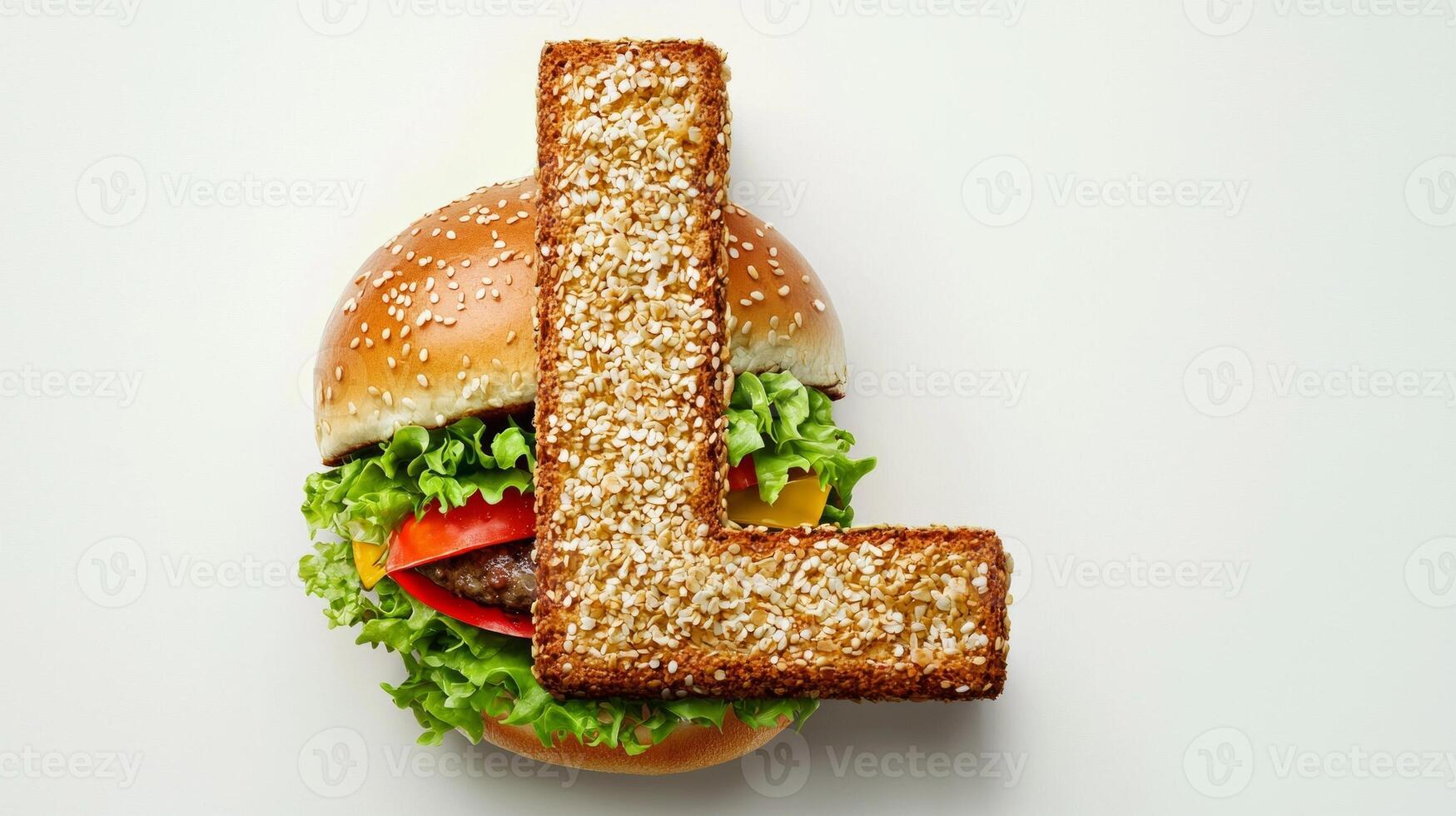 vibrant and appetizing letter L crafted from hamburger textures and ingredients rests atop a fresh bun and crisp lettuce celebrating fun food artistry. photo