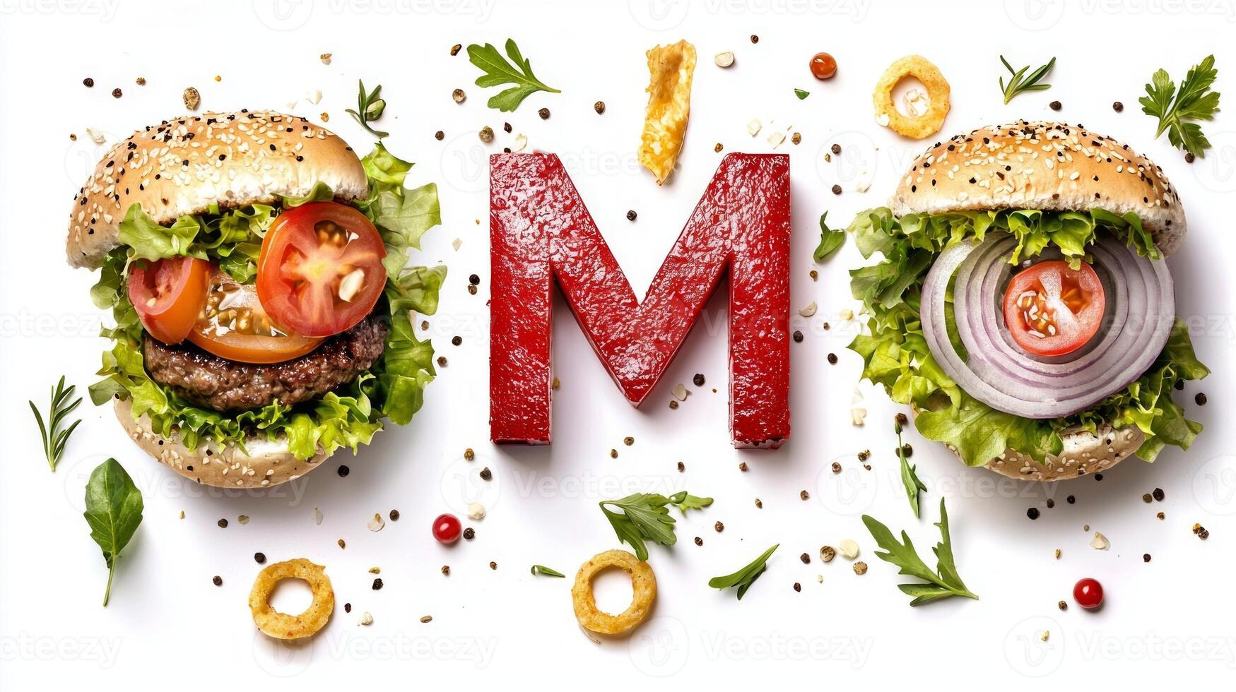 letter M stands out amid fresh lettuce tomatoes and a hearty patty celebrating culinary creativity against a white backdrop. photo