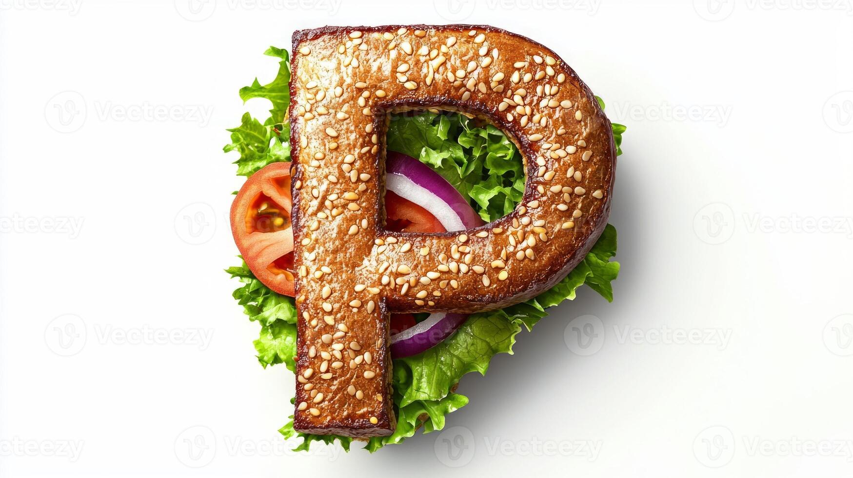 artistic representation of the letter P made from a golden brown hamburger bun surrounded by fresh lettuce tomato and onion against a clean white backdrop. photo