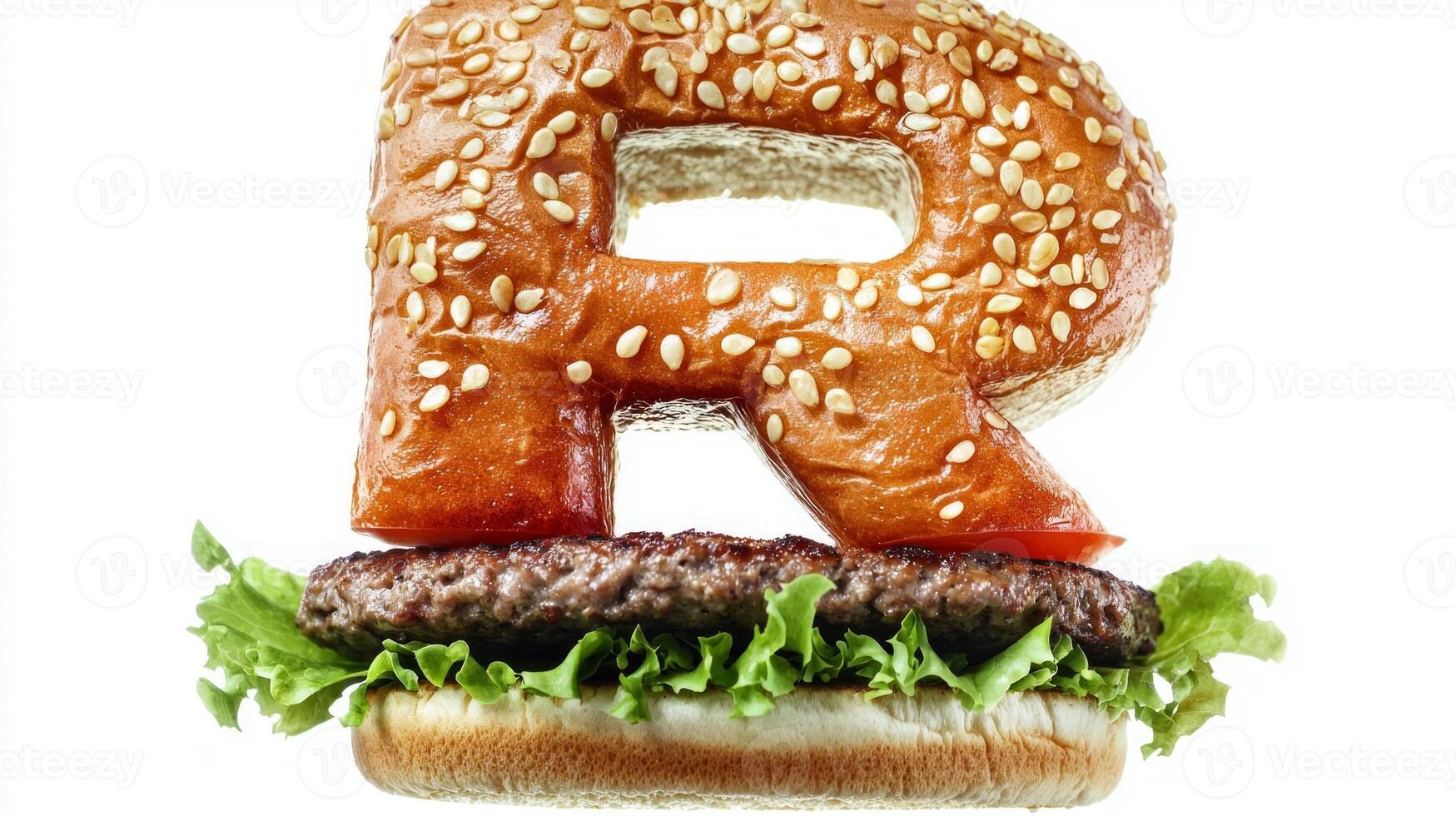 letter R crafted from hamburger components stands out with its sesame seed bun fresh lettuce and juicy patty offering a playful twist on food art. photo