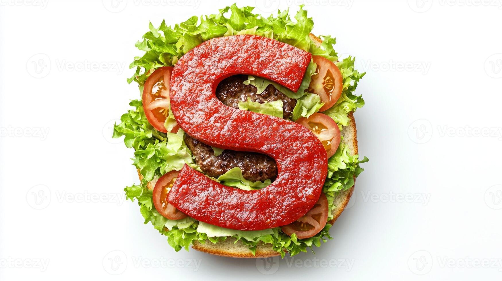 striking representation of the letter S is crafted from fresh ingredients incorporating lettuce tomatoes and a hamburger nestled the base showcasing delicious creativity in food. photo