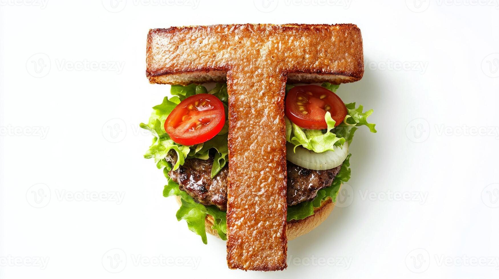 Crafted with layers of fresh ingredients artistic representation of the letter T showcases a unique burger design ideal for culinary enthusiasts and food art lovers. photo