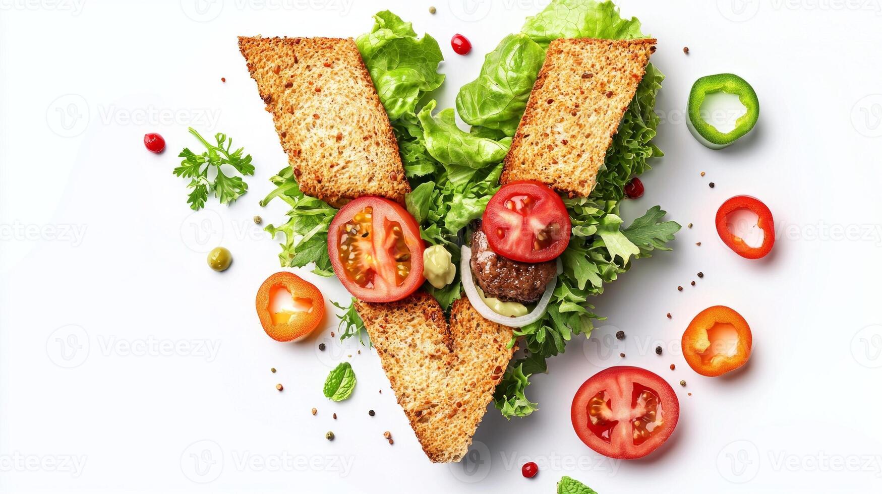 artistic representation showcases letter V crafted from a realistic hamburger bun surrounded by vibrant salad ingredients like lettuce tomatoes and cucumbers against a clean backdrop. photo