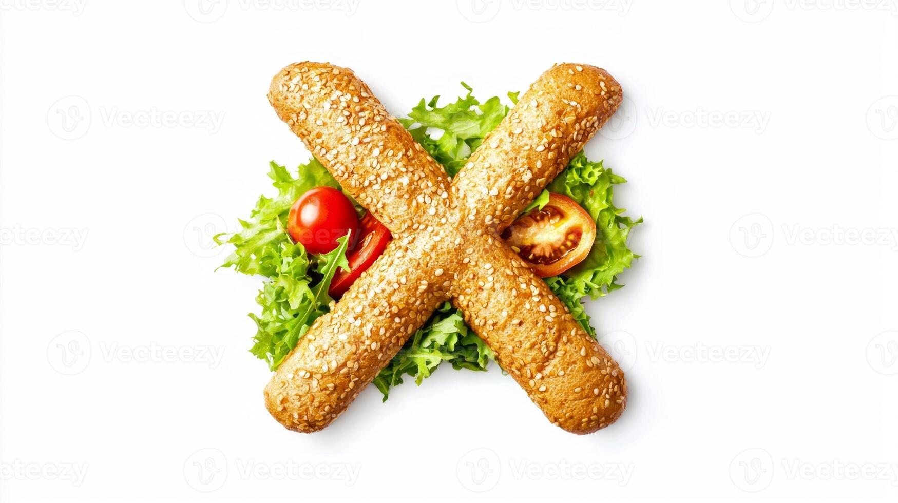 striking visual letter X formed from hamburger components featuring fresh lettuce a juicy patty vibrant tomatoes and crispy fries all set against a white background. photo
