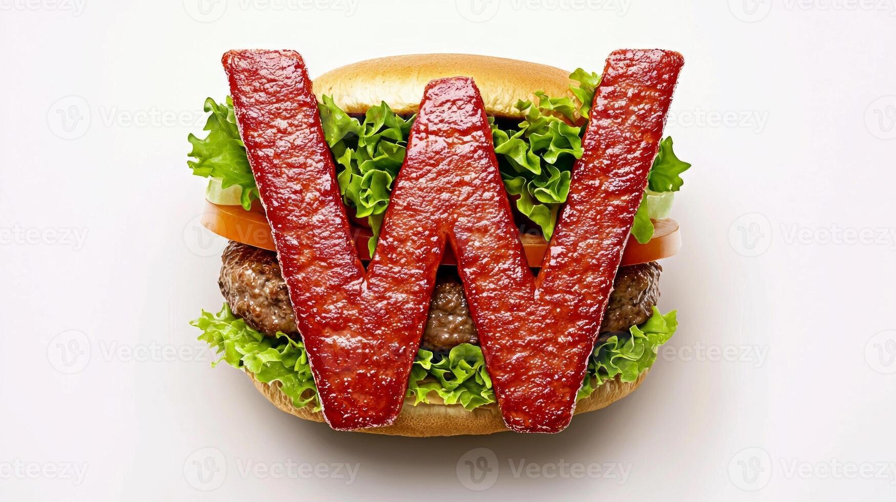 creative culinary arrangement features the letter W formed by delicious hamburger components including lettuce tomato and meat creating an appealing visual feast. photo