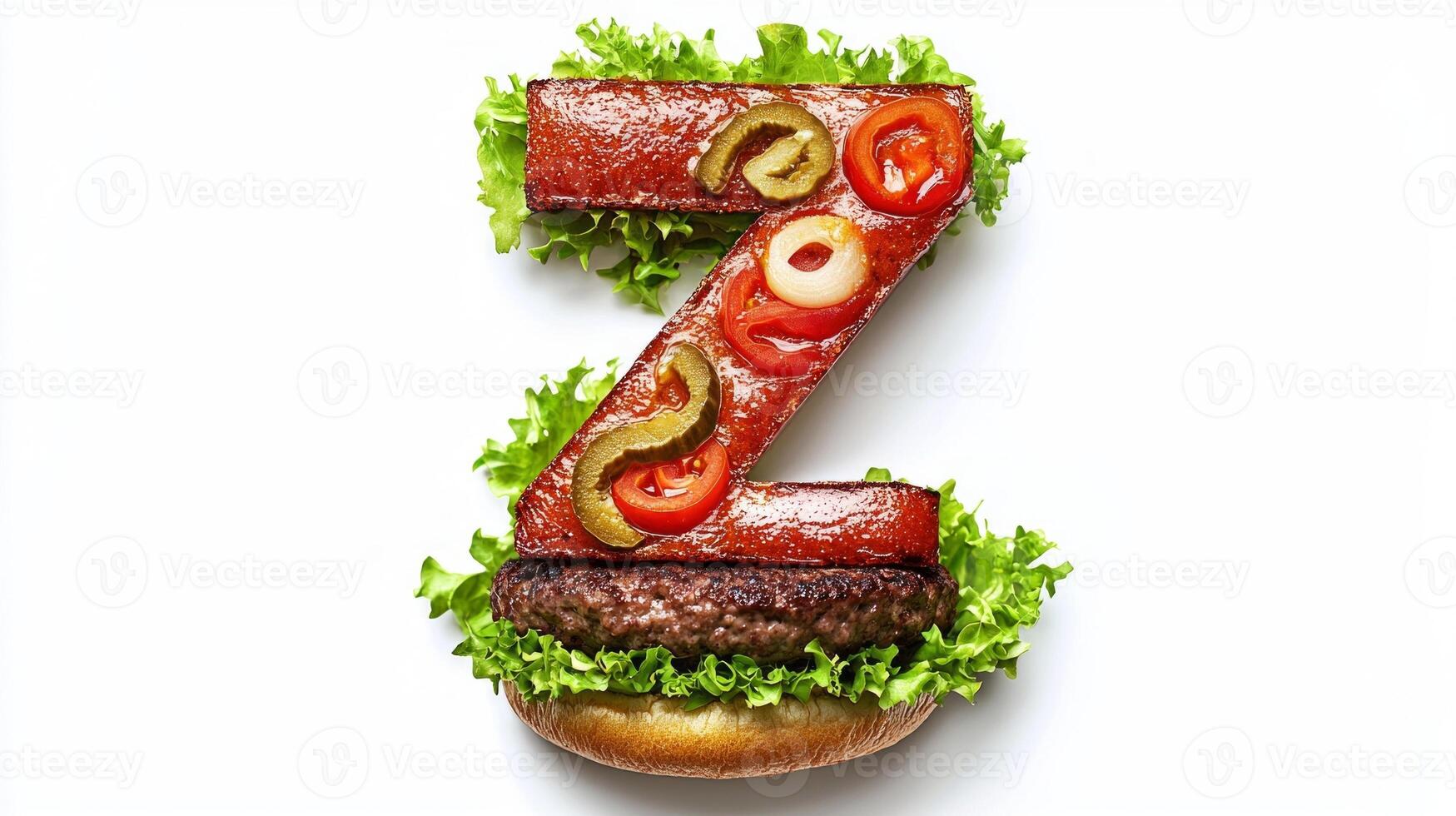 artwork showcases the letter Z constructed from flavorful hamburger components like lettuce tomatoes and juicy meat highlighting culinary creativity. photo