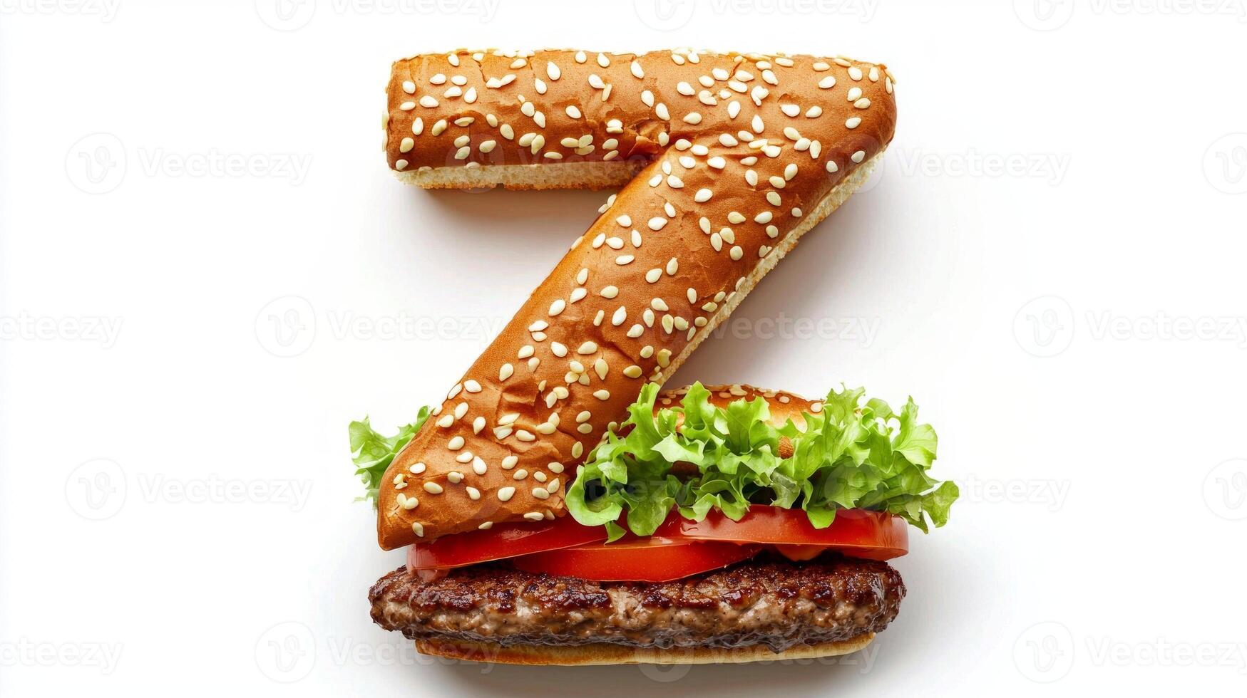 creative arrangement showcases the letter Z formed from hamburger ingredients including a bun lettuce and fresh vegetables all on a white surface. photo