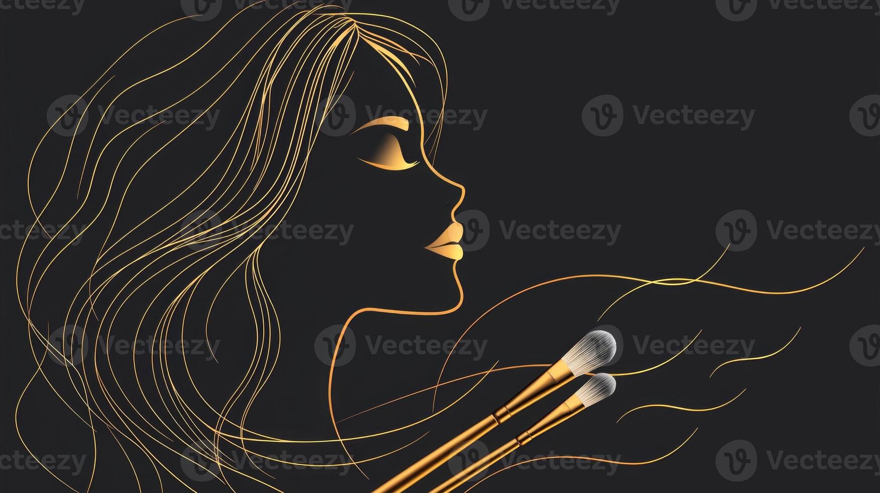 stunning silhouette of a woman adorned with golden accents represents the beauty aesthetic. Nearby makeup brushes suggest creativity and skill in a serene atmosphere. photo