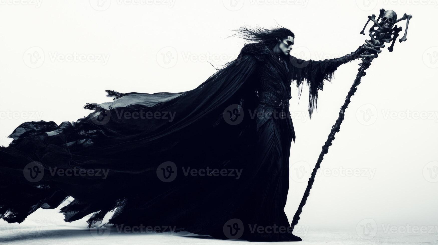 powerful figure in dark robes Hel commands attention with her bone staff set against a stark white backdrop that enhances her imposing presence. photo