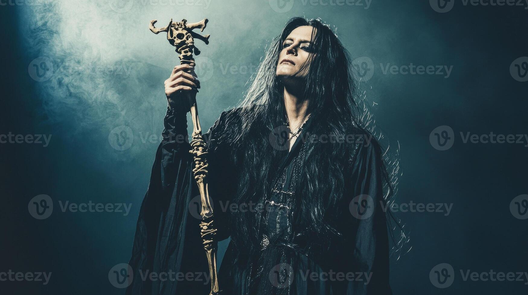 Hel the goddess of the underworld stands confidently in dark robes grasping a staff made of bones while shadows dramatically highlight her figure. photo