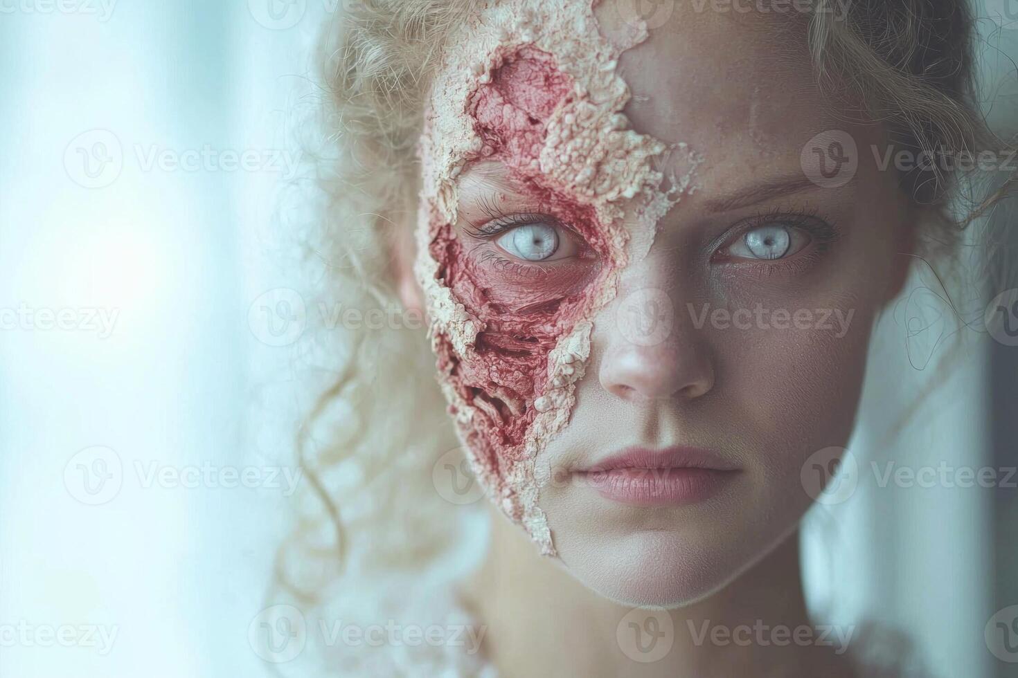 Hel stands with solemn expression showcasing striking contrast between her pale face and the skeletal half. The soft light enhances her ethereal presence in this captivating portrayal. photo