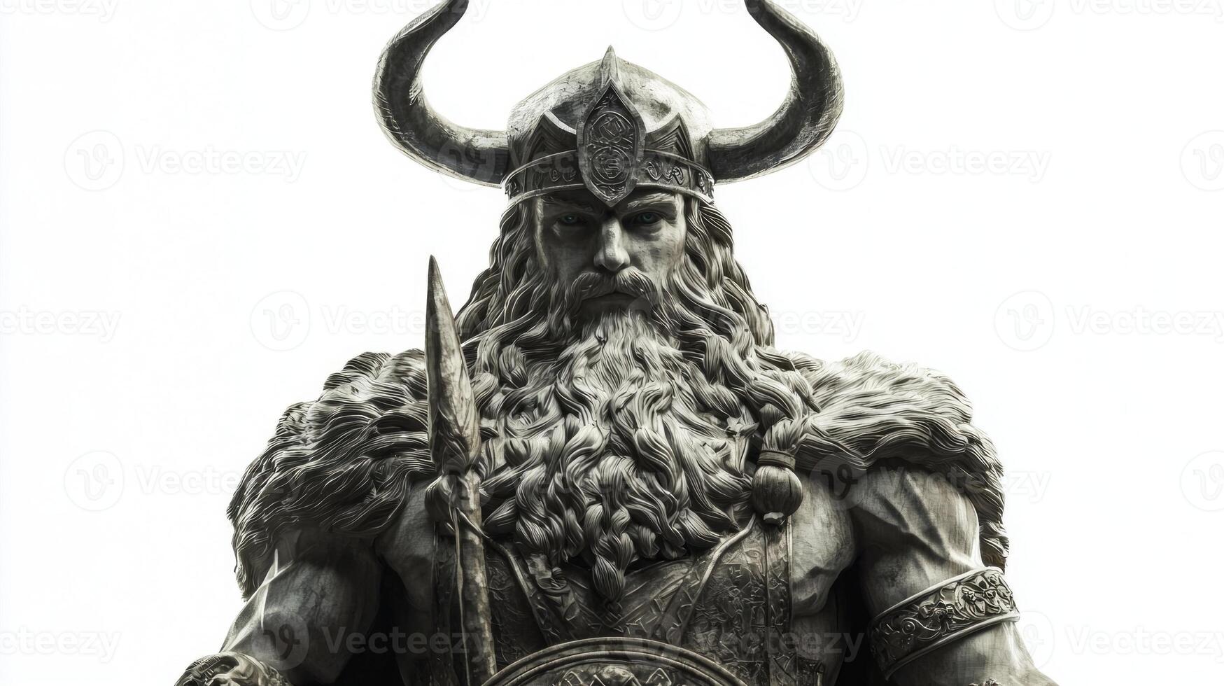depiction of Balder known as Scandinavian god of beauty and light exhibits intricate detailing in his armor and fierce expression standing isolated against white backdrop. photo