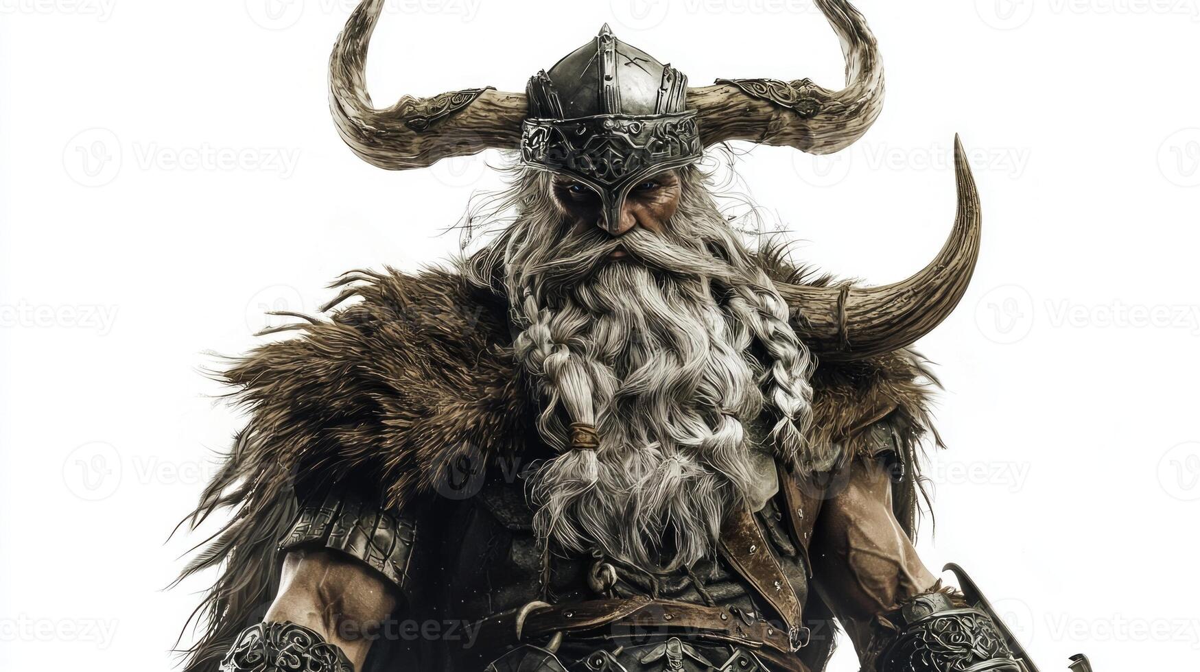Balder the Scandinavian god displaying his powerful presence with distinctive armor and features. The background is pure white. photo