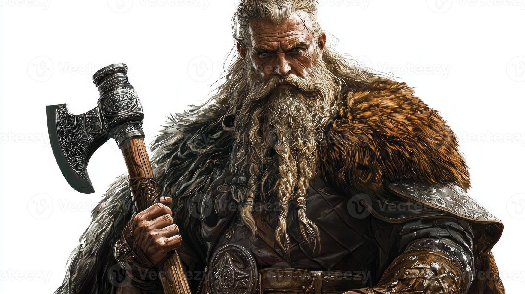 This striking portrayal features Balder the Scandinavian god with intricate armor and a powerful axe embodying strength and divine presence in Nordic mythology. photo