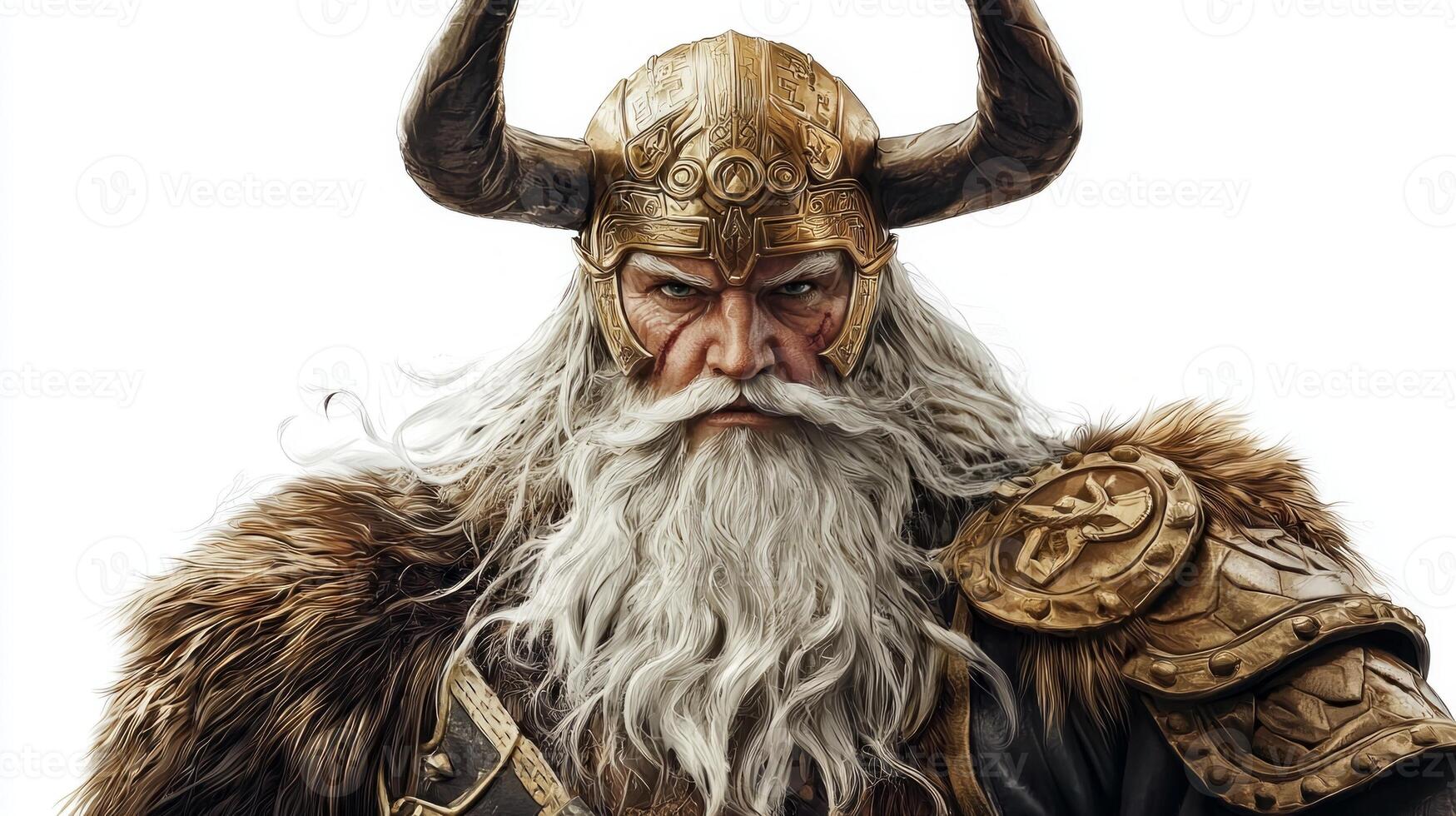 Balder stands majestically radiating wisdom and strength adorned with a horned helmet and intricately designed armor. His powerful presence exudes an aura of purity and enlightenment. photo