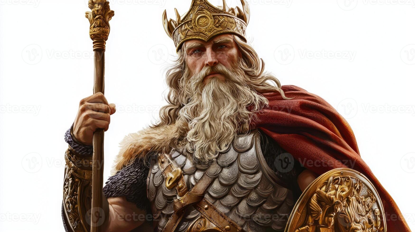 Scandinavian god Balder is depicted with majestic features wearing a crown and armor holding a staff and shield. This powerful figure stands isolated on a white background. photo