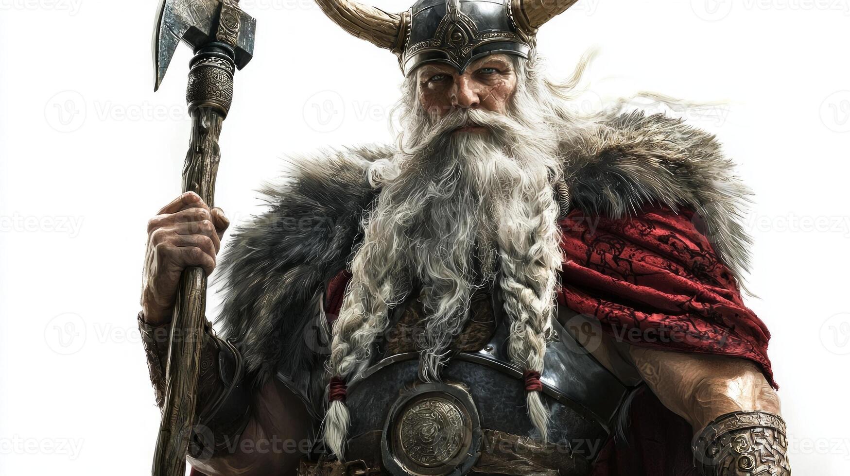 Balder stands confidently exuding strength and nobility. His intricate armor adorned with Viking motifs reflects his status as a prominent figure in Scandinavian mythology. photo
