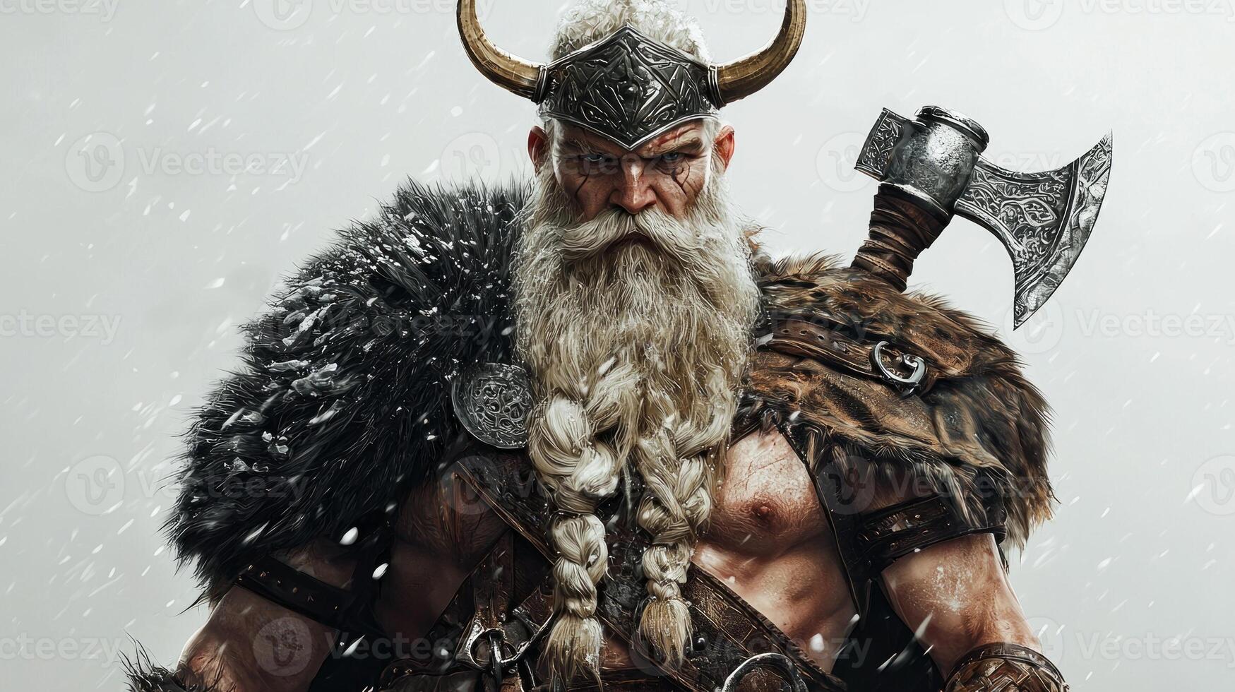 Balder Scandinavian god known his beauty and nobility is portrayed with impressive armor fierce expression and traditional Nordic elements in a striking pose. photo