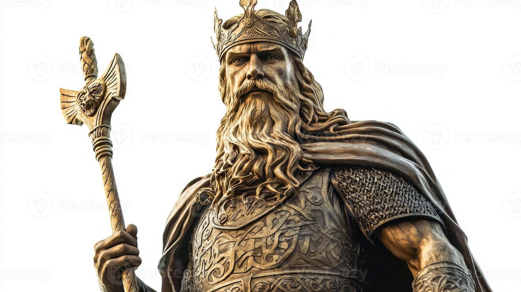 Scandinavian god Baldr is rendered in a strikingly realistic manner showcasing his majestic features and elaborate armor holding a powerful staff conveying strength and lore. photo