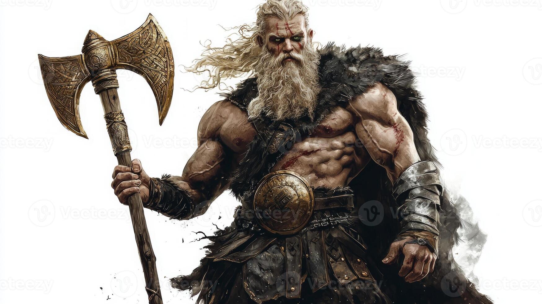 artwork features Baldr a prominent Scandinavian god depicted in a realistic manner. He stands confidently with his iconic ax embodying strength and divinity. photo