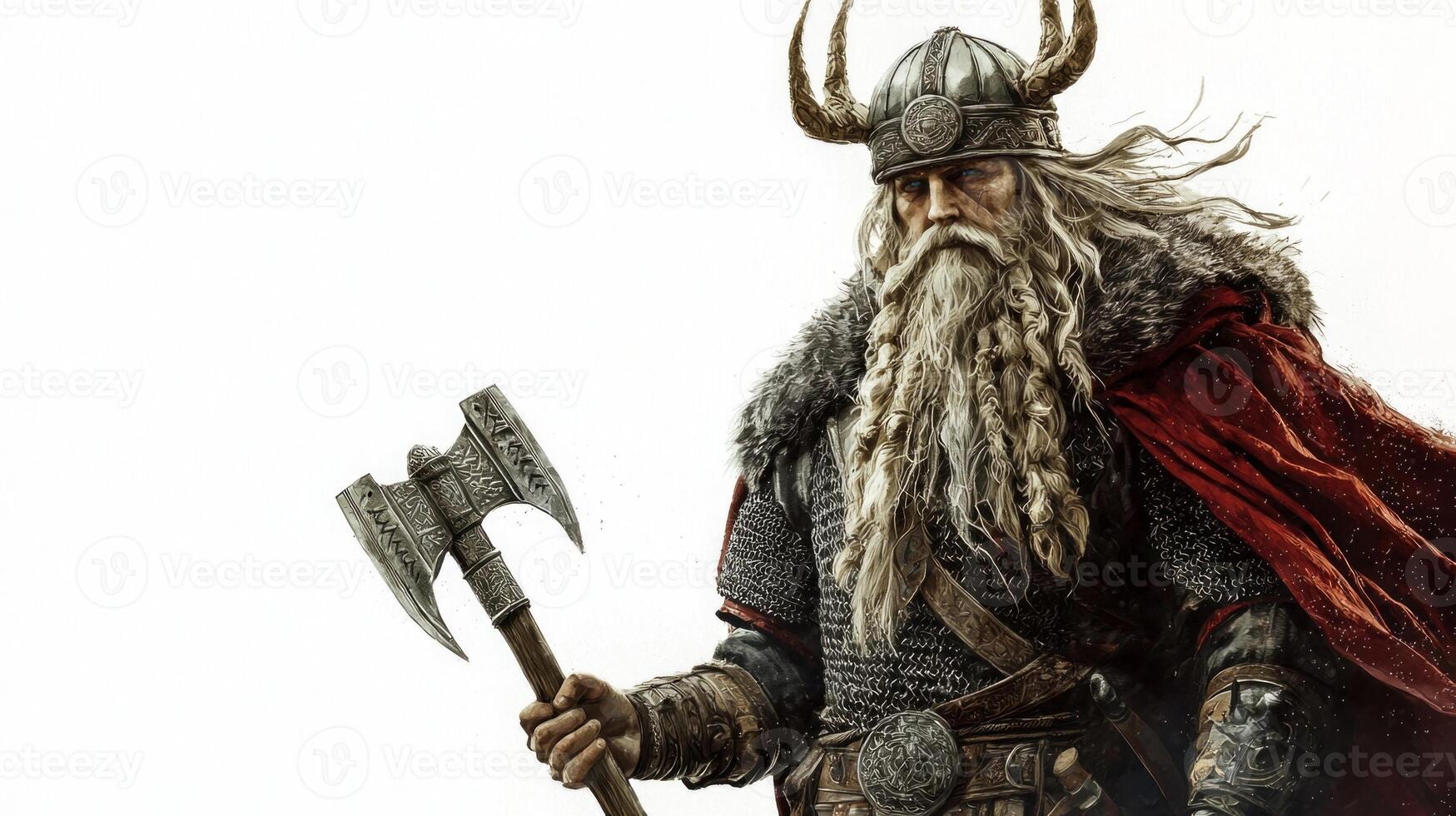 Scandinavian god Baldr stands prominently with a fierce expression showcasing his detailed armor and weaponry. His long hair and striking features reflect mythological strength and power. photo