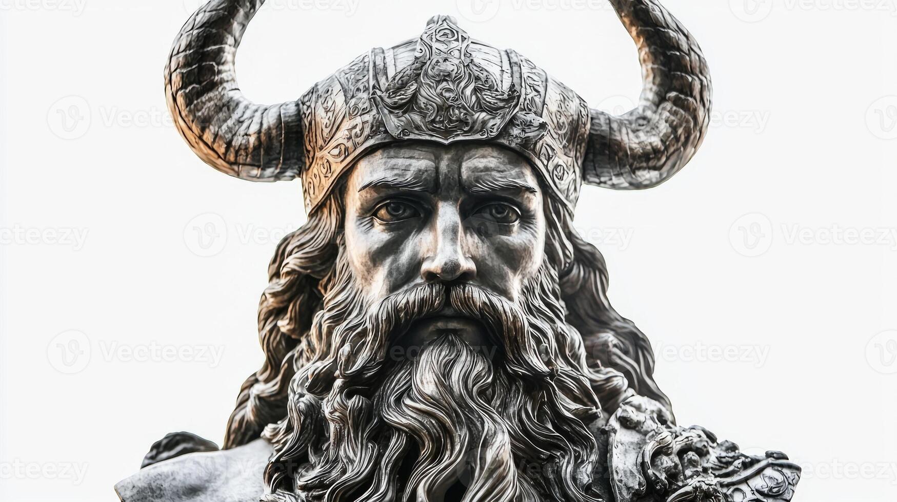 Bragi the Scandinavian god of poetry with intricately designed horns and a wise expression set against a stark white background. photo
