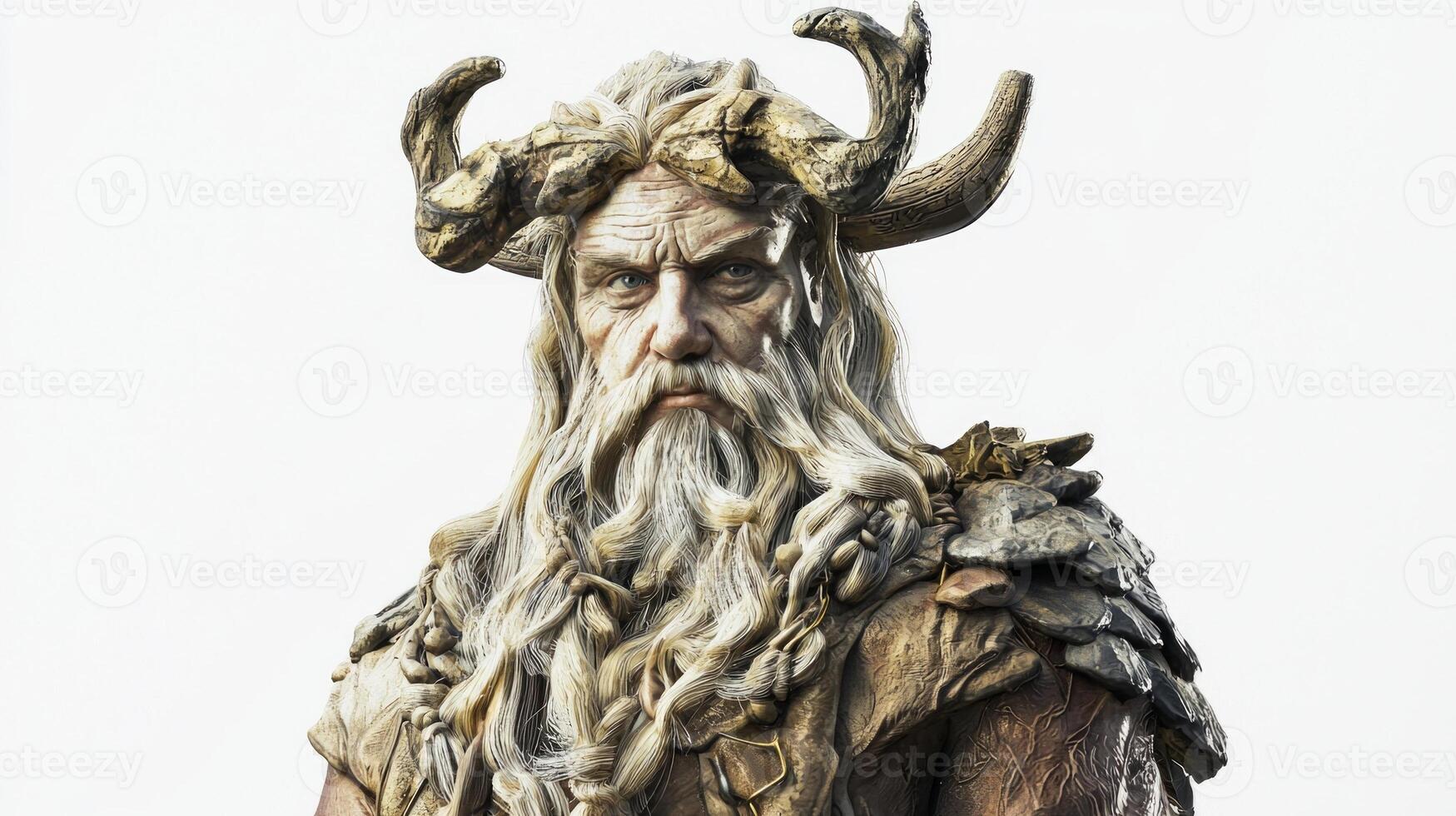 Bragi depicted with elaborate horns and a wise expression exudes the essence of Scandinavian mythology. His features convey strength and creativity representing his divine role. photo