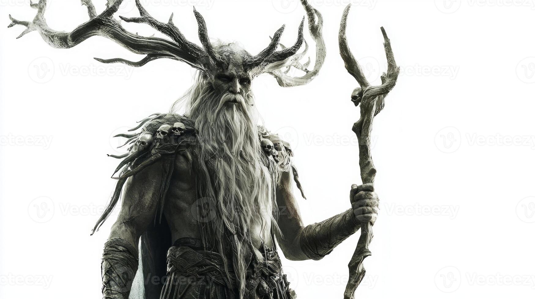 Chernobog the Scandinavian god is depicted realistically with a powerful presence. His imposing figure holds a staff surrounded by a mystical aura. photo