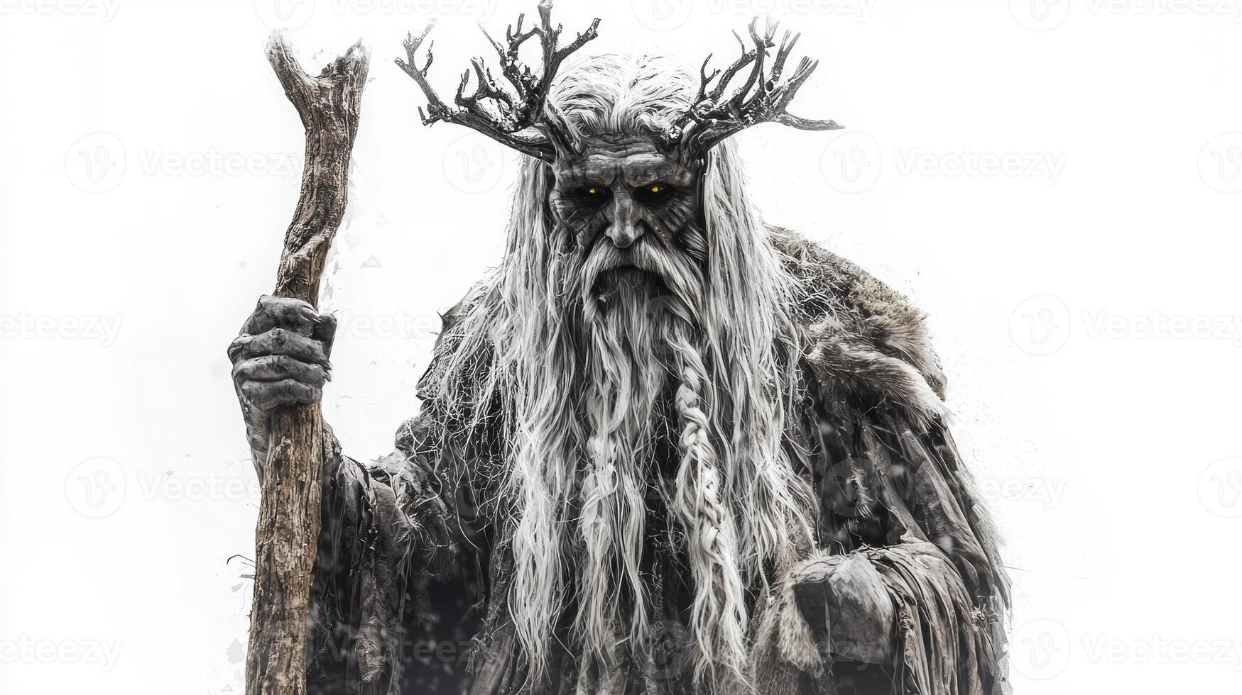 Chernobog the mythical Scandinavian god stands tall with an ancient staff. His long white hair and mystical antlers create a captivating and powerful presence. photo