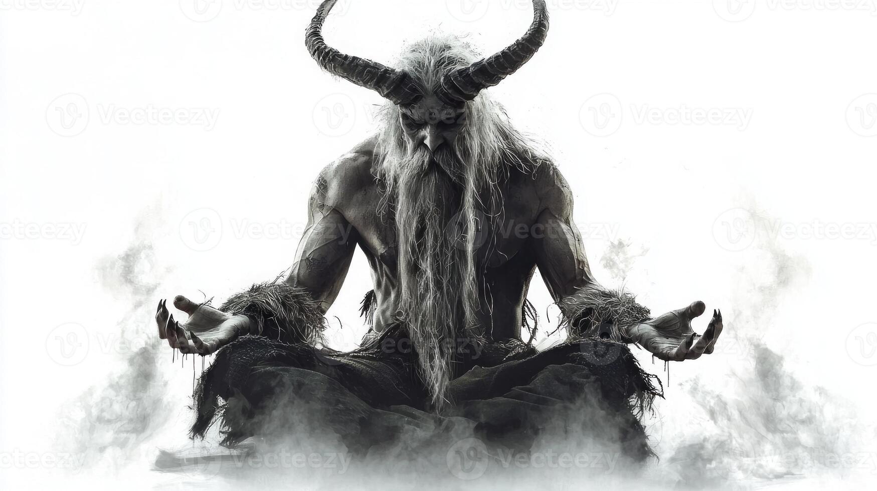 Chernobog a powerful Scandinavian god sits in meditation with a serene expression surrounded by smoke embodying a connection to ancient mythology and mysticism. photo