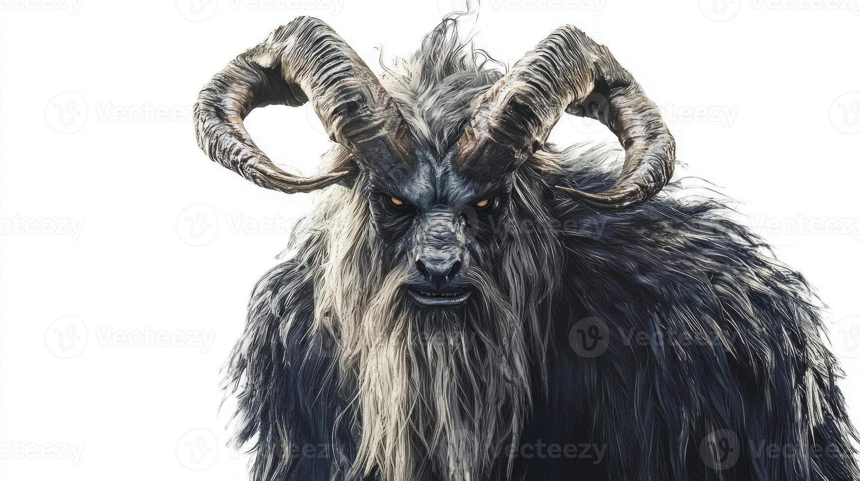 Chernobog the Scandinavian god of darkness is portrayed with intricate details featuring striking horns and a formidable presence isolated against a pure white backdrop. photo