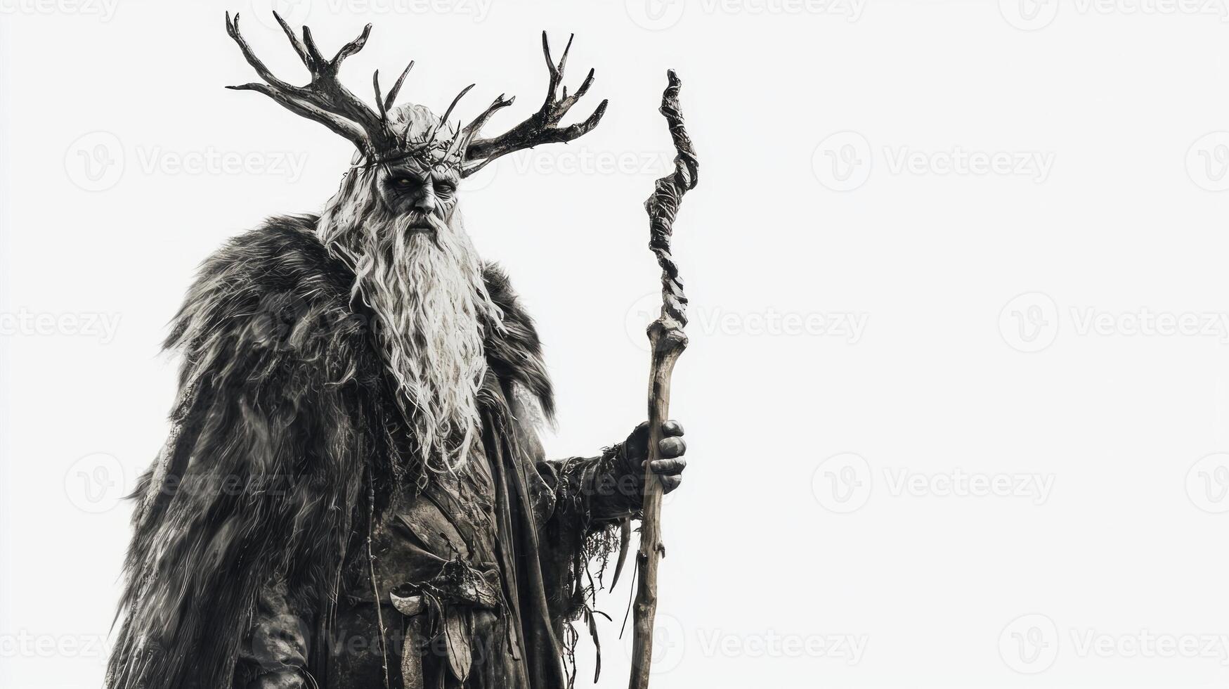 figure resembling the Scandinavian god Chernobog stands proudly adorned in a fur cloak with antlers holding a gnarled staff embodying ancient mythology and mystery. photo