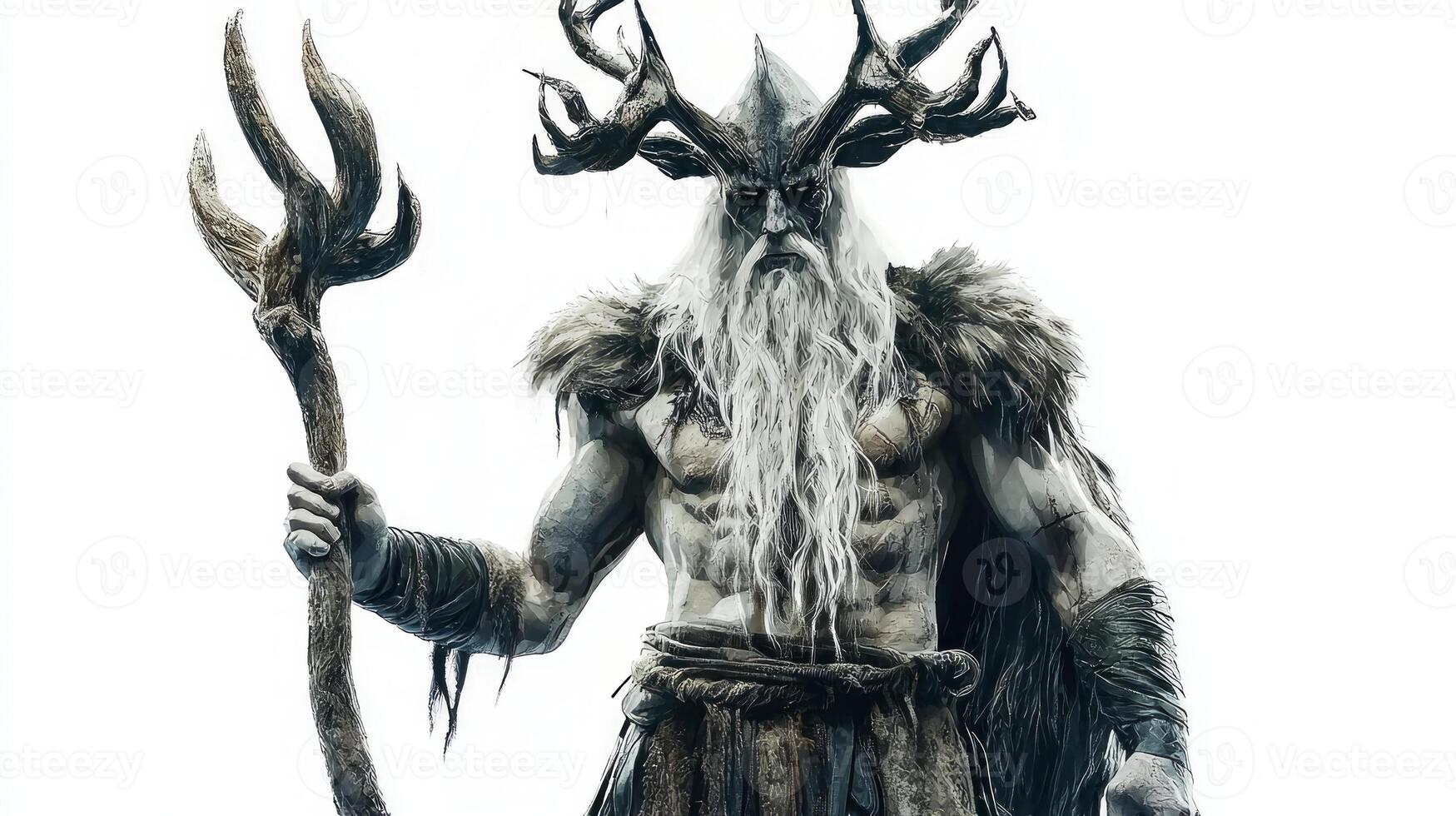 Chernobog a formidable Scandinavian god stands proudly against a stark white background brandishing a trident and adorned in ancient warrior attire exuding strength and mystery. photo