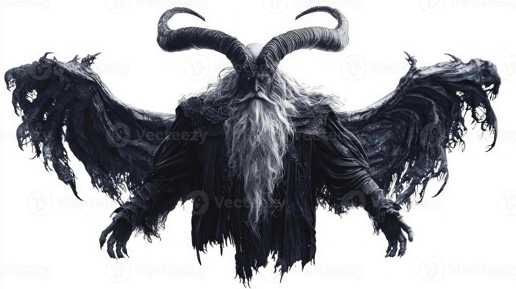 Chernobog the Scandinavian deity associated with darkness featuring his imposing figure adorned with horns and tattered wings set against a stark white background. photo
