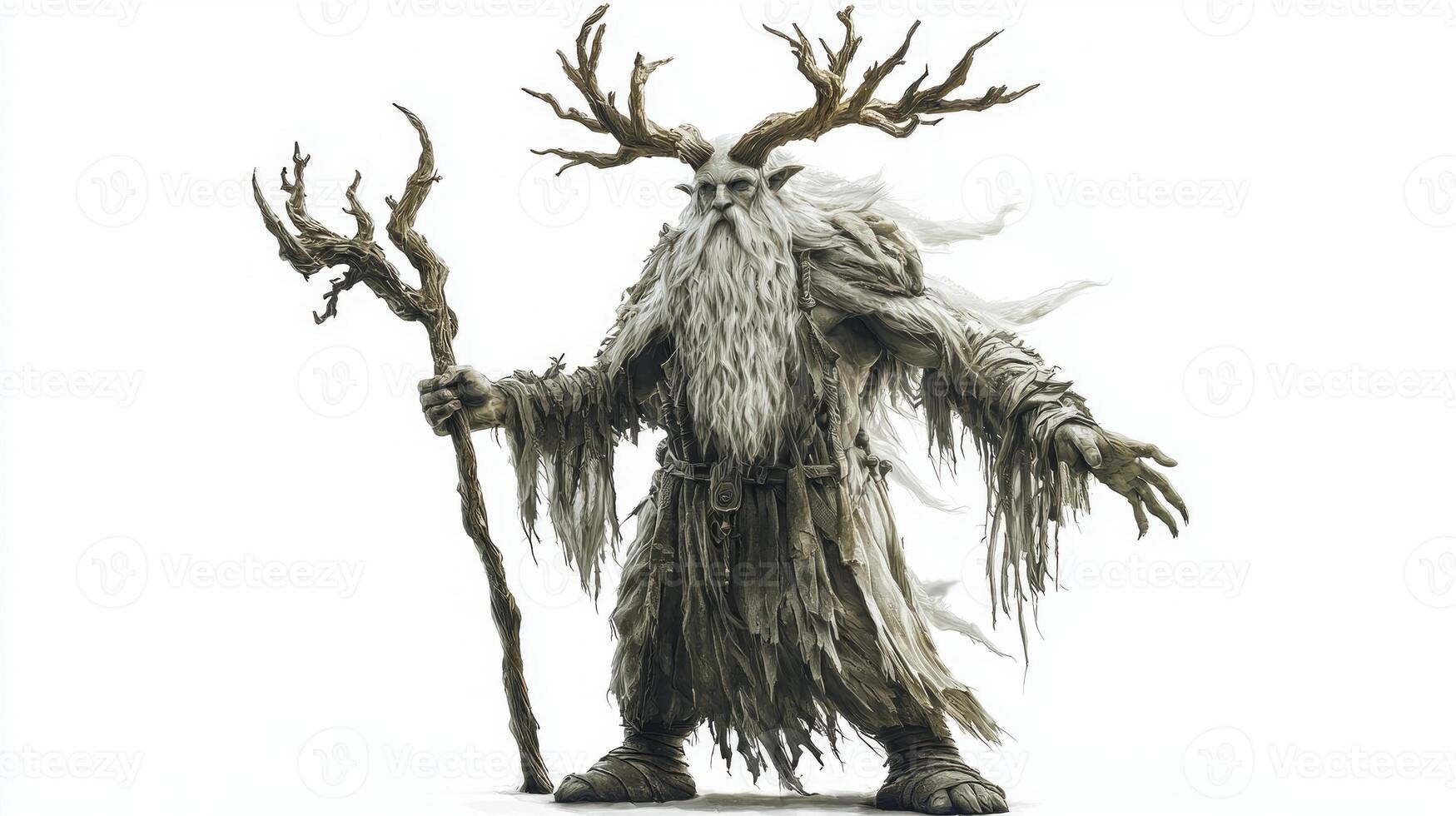 Chernobog stands tall with majestic antlers and a staff embodying the essence of a Scandinavian deity. The striking figure showcases intricate details and a powerful presence. photo