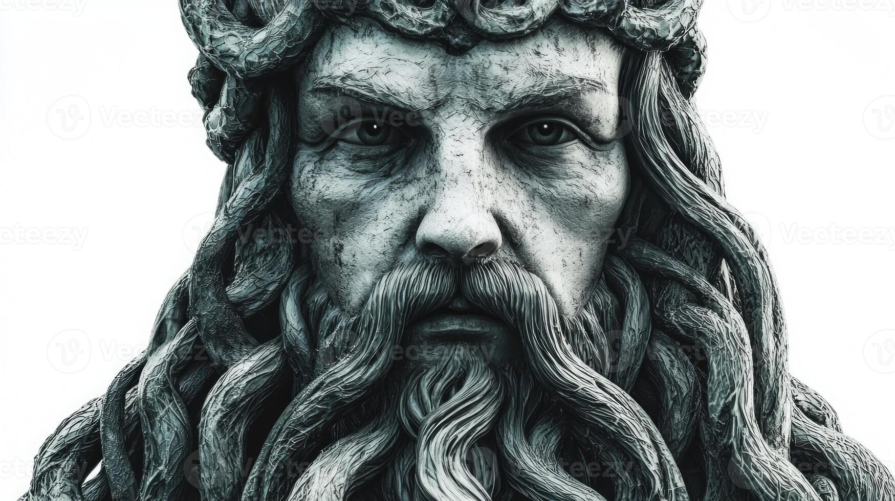 Eir known as a Scandinavian goddess of healing is represented with lifelike features and an elaborate design set against a stark white background for emphasis. photo