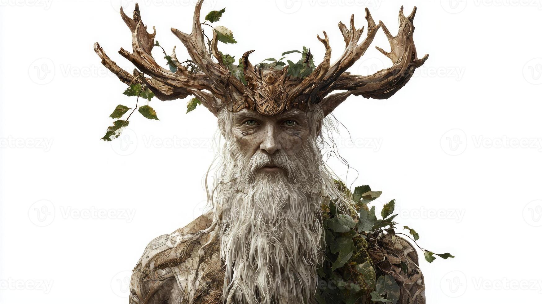 representation Eir showcases the Scandinavian god of healing adorned with antlers and foliage evoking natures harmony and divine power set against a stark white backdrop. photo