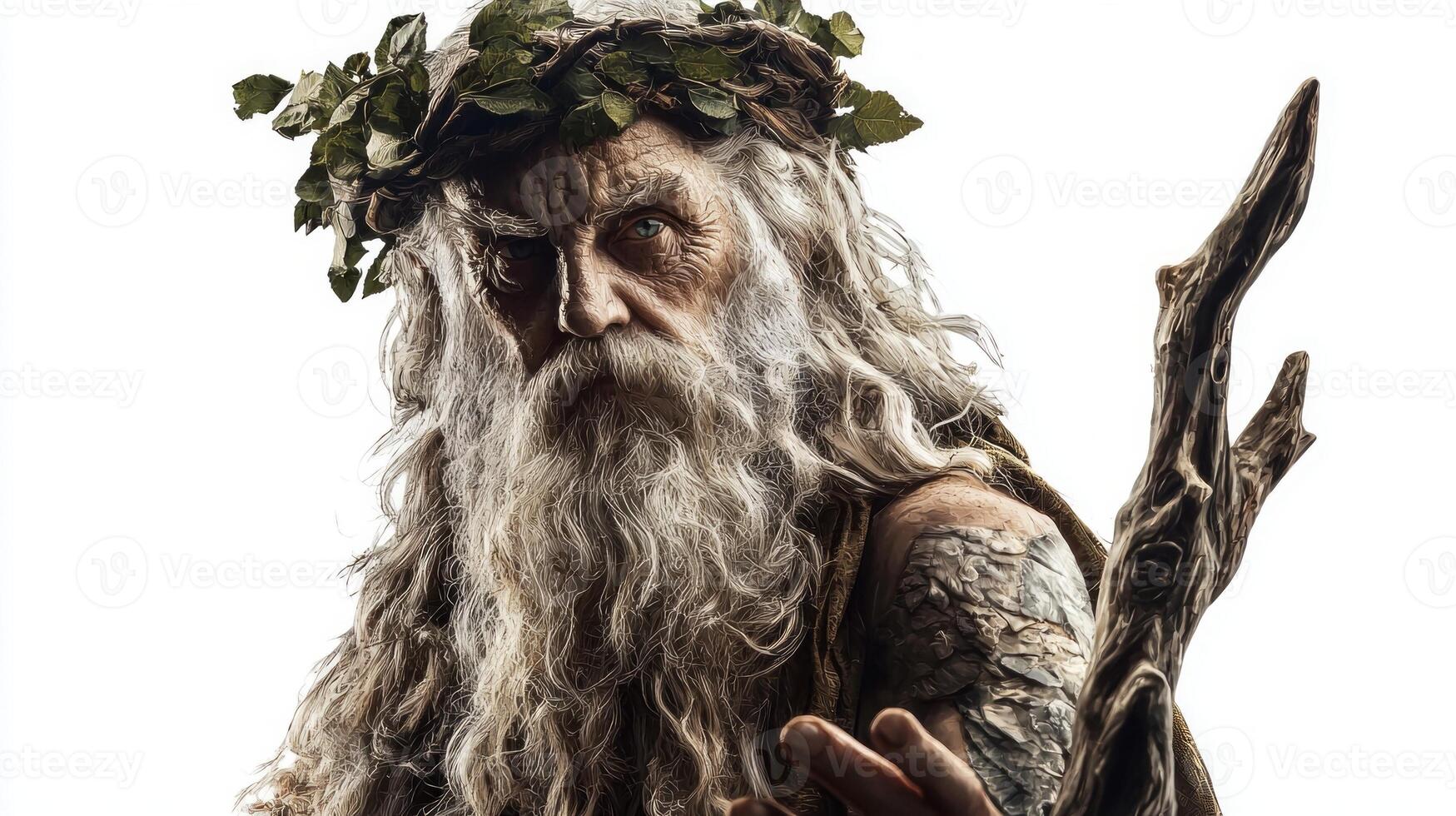 Eir depicted as a wise Scandinavian god showcases his healing powers with an intense expression. His natural attire and foliage crown emphasize his connection to nature. photo