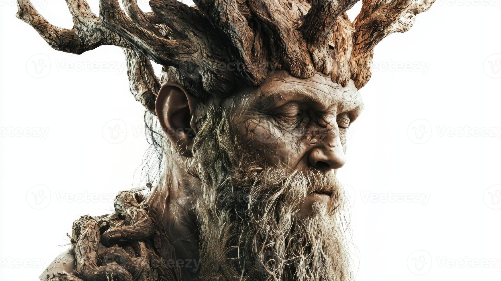 Eir is depicted as an ancient wise figure with intricate details reflecting his divine nature showcasing elements like bark and vines symbolizing his healing powers. photo