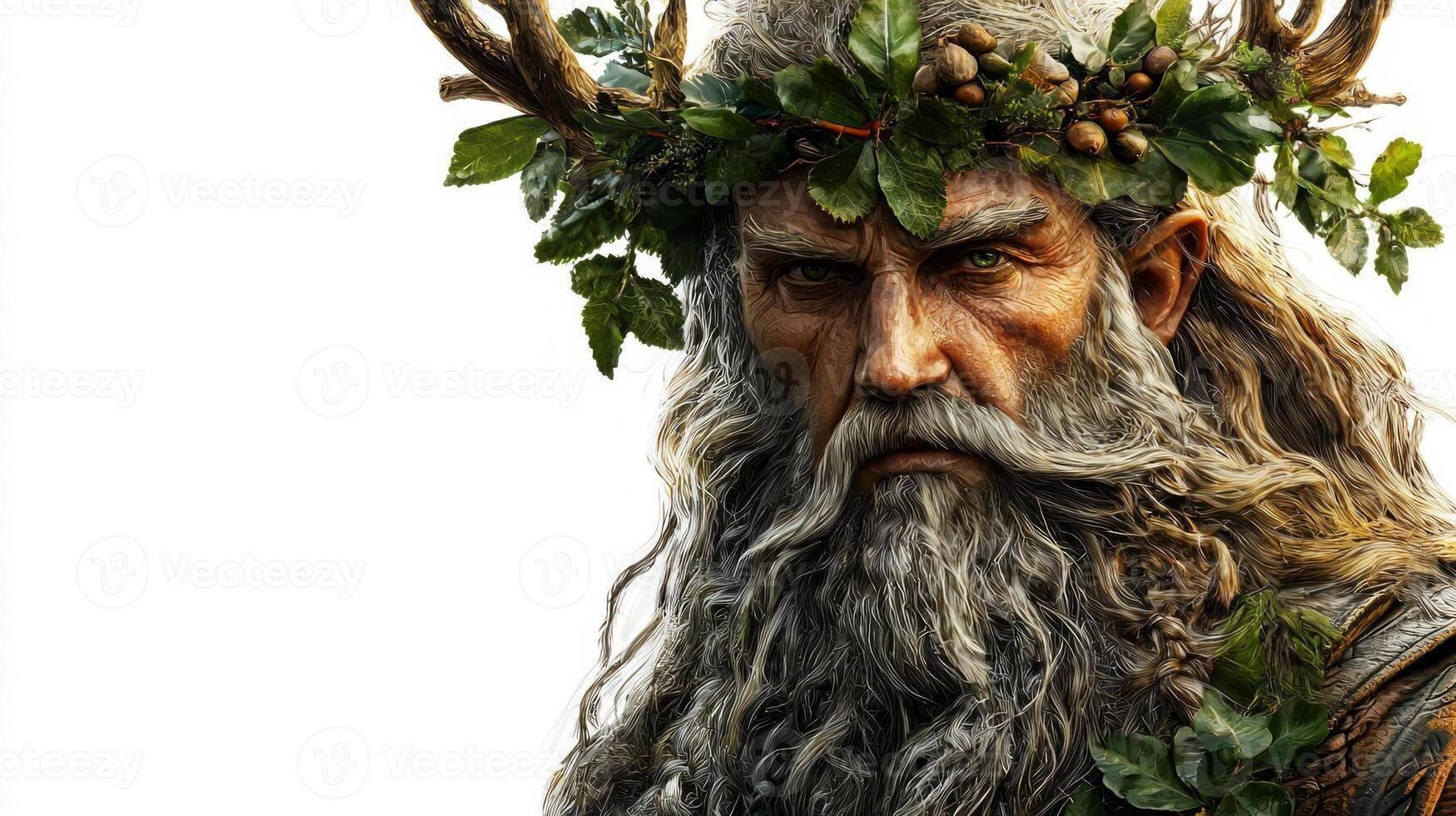 Forseti the Scandinavian deity known for justice and reconciliation is shown with intricate details including antlers and foliage symbolizing harmony with nature. photo