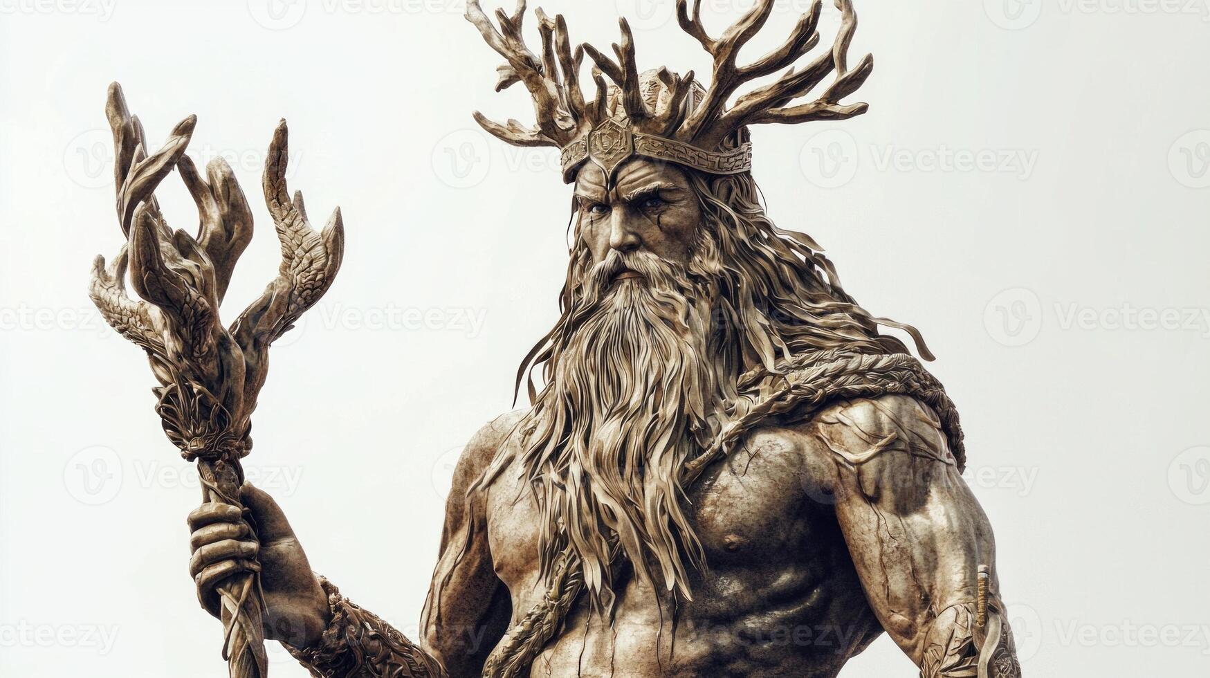 Forseti adorned with majestic antlers and holding a staff embodies wisdom and justice in this stunning representation. The artist captures his presence with intricate detail and grandeur. photo