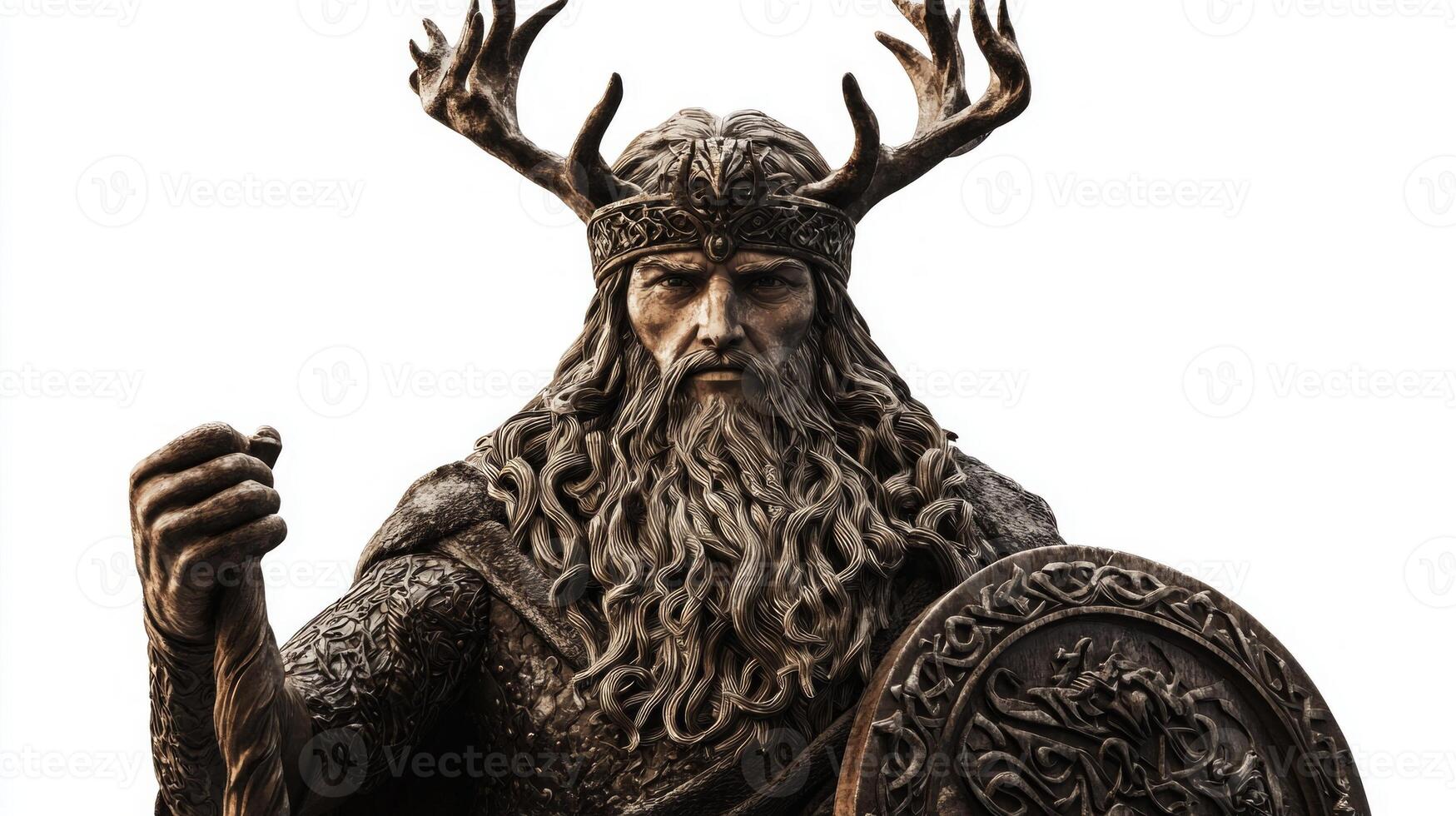 Forseti god of justice in Scandinavian mythology is depicted with fierce expression wearing a crown and holding a shield showcasing regal and powerful attributes. photo