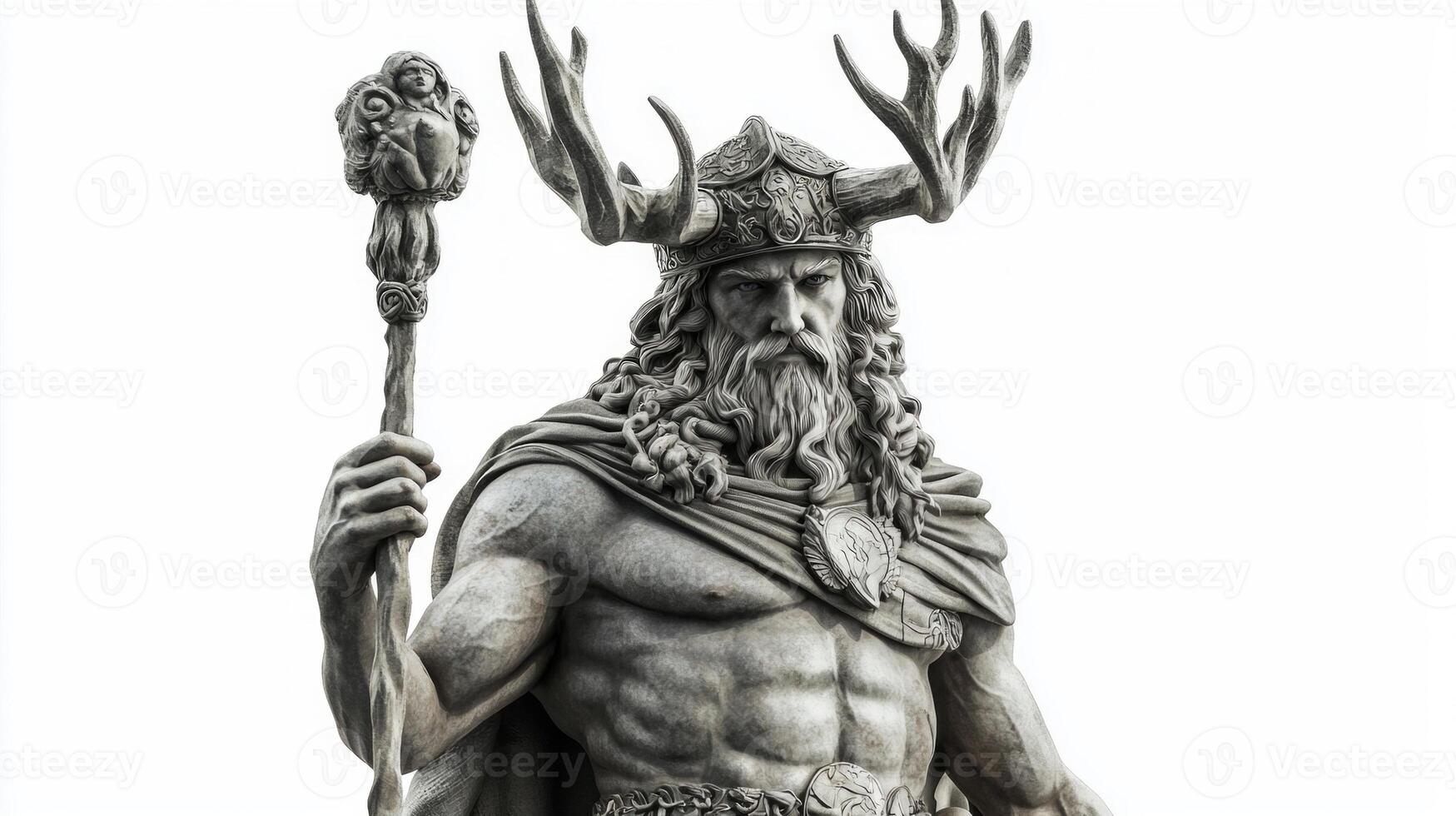 Forseti the Scandinavian god of justice and reconciliation stands proudly with his ornate staff. His powerful physique and majestic antlers reflect his divine nature and authority. photo