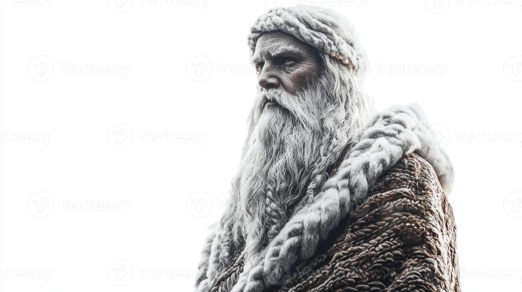 Scandinavian god Forseti stands with a solemn expression embodying justice and fairness. Clad in traditional attire his long beard and intricate details reflect his divine nature. photo
