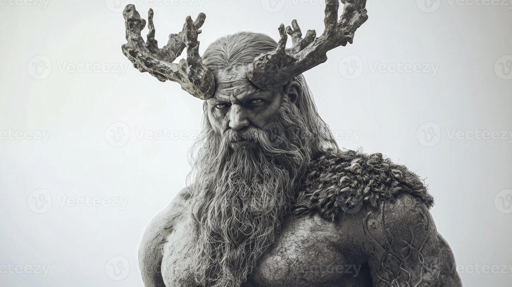 Frig the Scandinavian god showcasing his strong presence with antlers and a long beard embodying strength and nature in a minimalist setting. photo