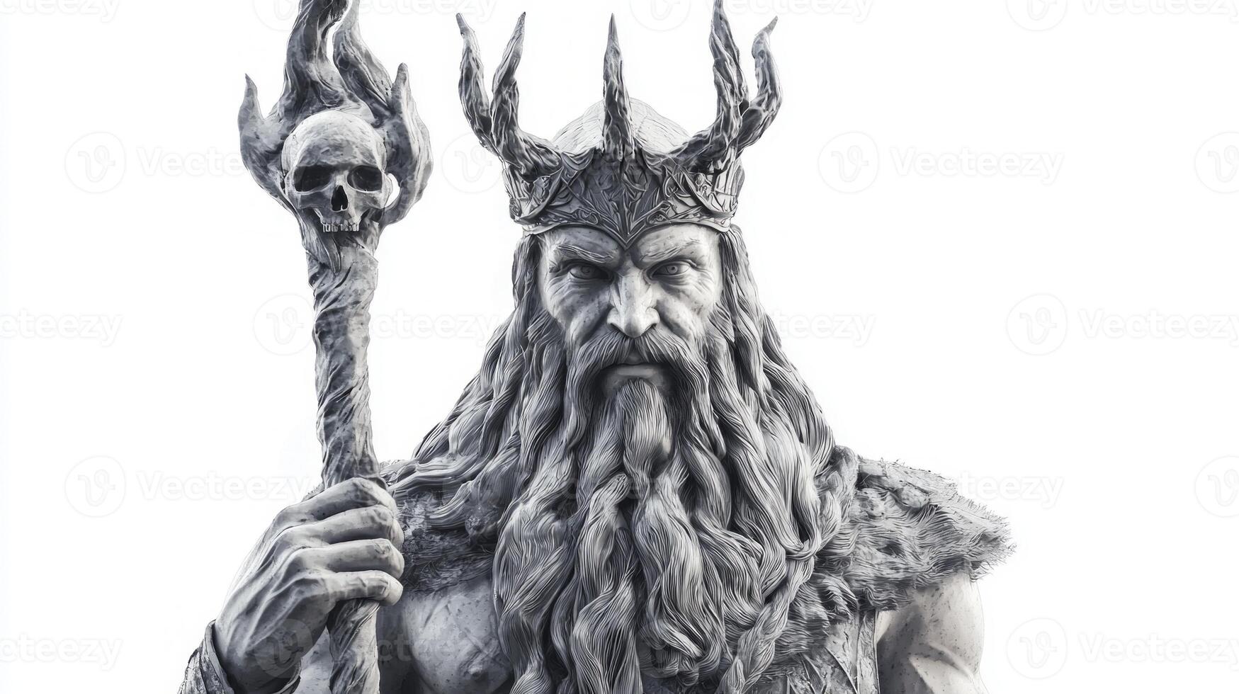 striking representation of Frig the Scandinavian god showcases his commanding presence with a fierce expression and ornate attire. The white background emphasizes his formidable figure. photo